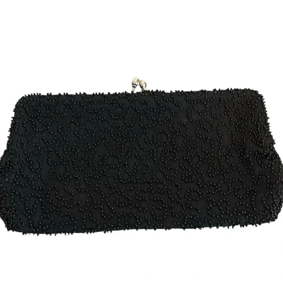 Vintage Carson Pirie Scott Beaded Clutch Silver Kiss Lock Closure Black - Picture 3 of 6